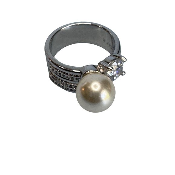 Womens Size 8 18K GP Silver Ring With Pearl & Cubic Zirconia Stones - Picture 7 of 8